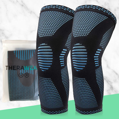 pair of black and blue knee brace compression