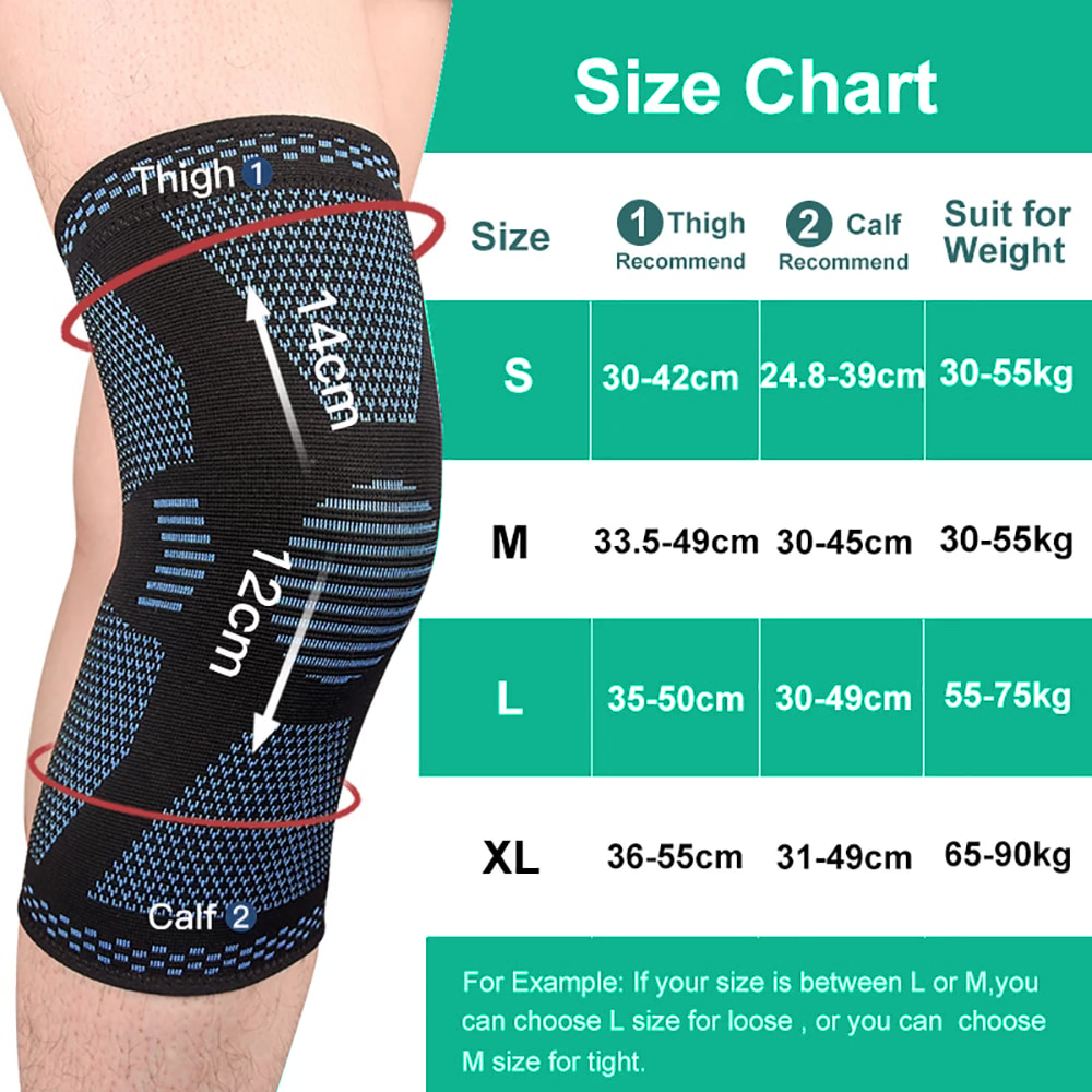 size guide for black and blue knee brace compression