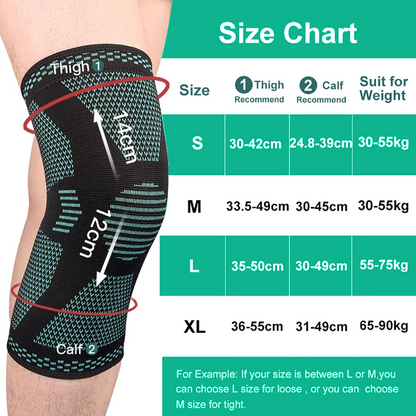 black and teal knee brace compression size guide